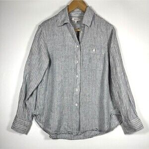 Madewell Linen Top Womens XS Blue White Stripe Long‎ Sleeve Coastal Minimalist